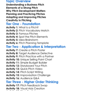 Business Pitch Development Worksheet Activity Booklet
