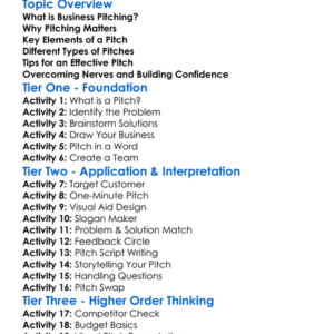 Business Pitching Worksheet Activity Booklet