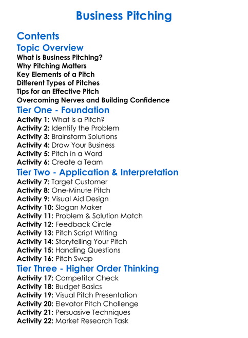 Business Pitching Worksheet Activity Booklet