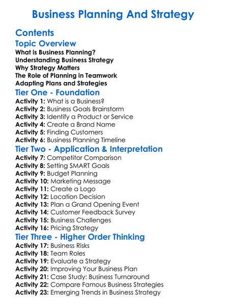 Business Planning And Strategy Worksheet Activity Booklet