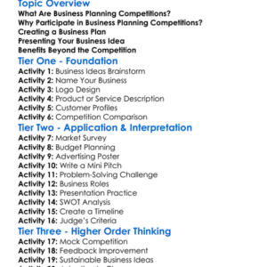 Business Planning Competitions Worksheet Activity Booklet