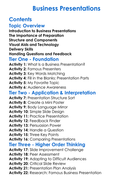 Business Presentations Worksheet Activity Booklet