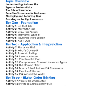 Business Risk And Insurance Worksheet Activity Booklet
