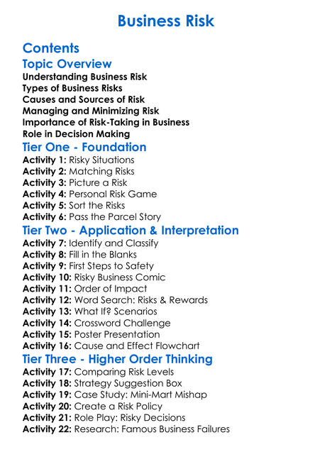 Business Risk Worksheet Activity Booklet