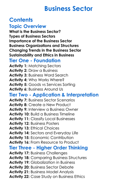 Business Sector Worksheet Activity Booklet