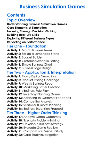 Business Simulation Games Worksheet Activity Booklet
