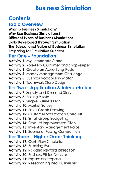 Business Simulation Worksheet Activity Booklet
