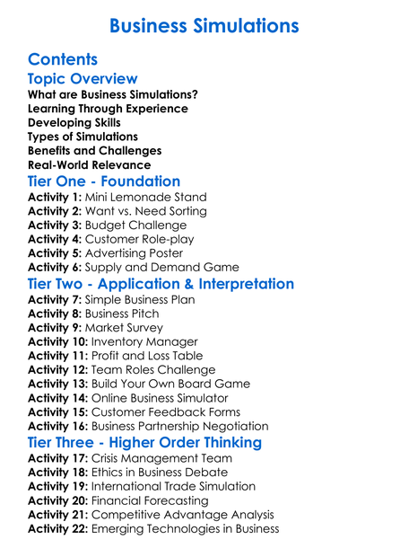 Business Simulations Worksheet Activity Booklet