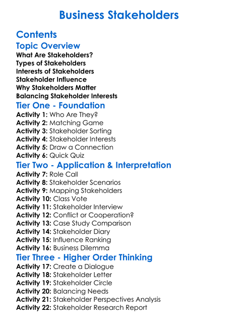 Business Stakeholders Worksheet Activity Booklet