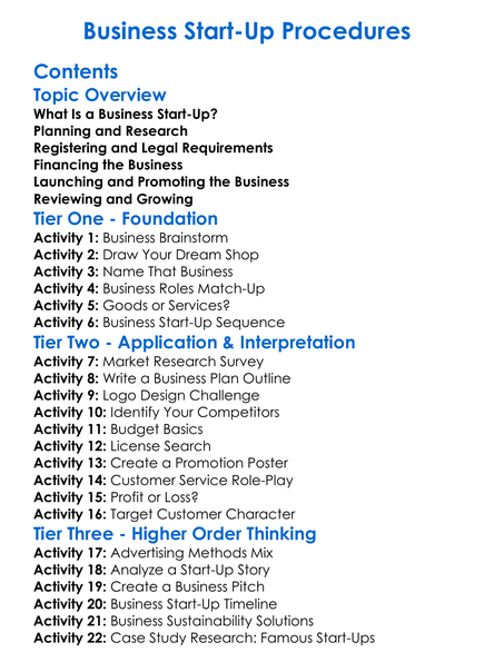 Business Start-Up Procedures Worksheet Activity Booklet