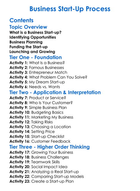 Business Start-Up Process Worksheet Activity Booklet