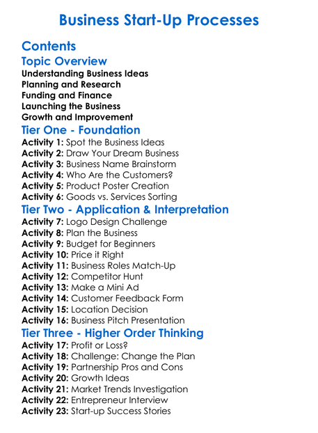 Business Start-Up Processes Worksheet Activity Booklet