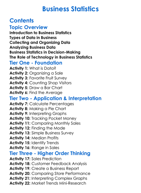 Business Statistics Worksheet Activity Booklet