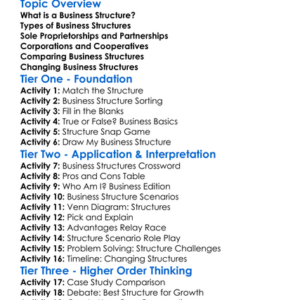 Business Structures Worksheet Activity Booklet