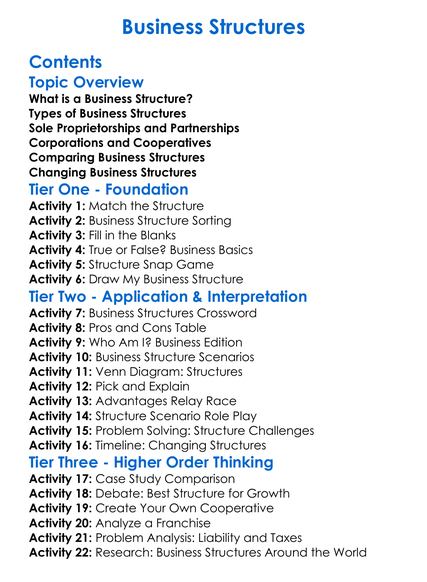 Business Structures Worksheet Activity Booklet