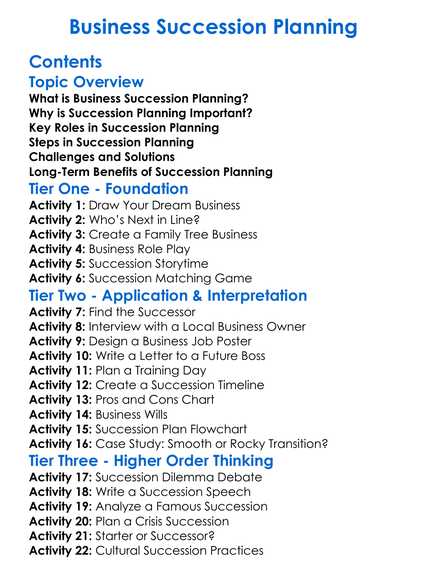Business Succession Planning Worksheet Activity Booklet