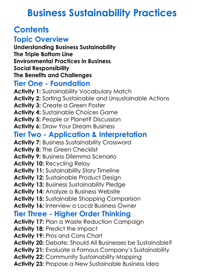 Business Sustainability Practices Worksheet Activity Booklet