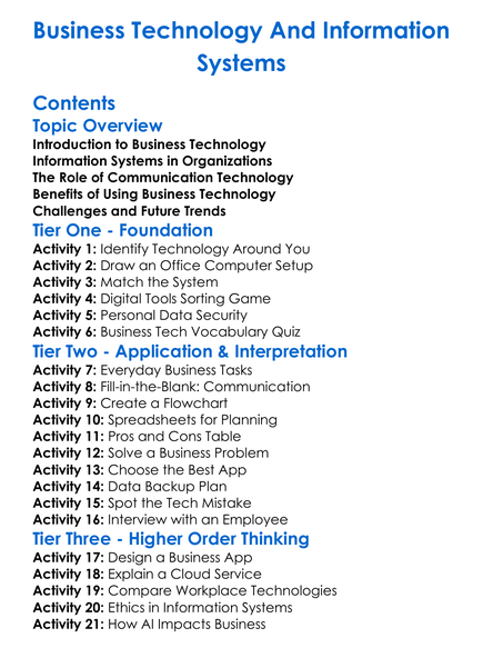 Business Technology And Information Systems Worksheet Activity Booklet