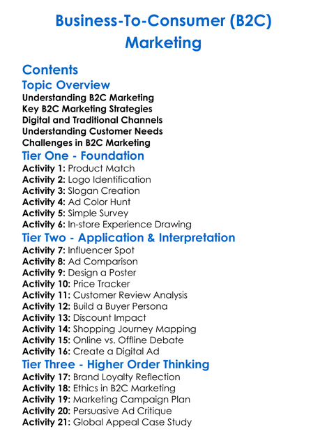 Business-To-Consumer B2C Marketing Worksheet Activity Booklet