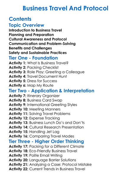 Business Travel And Protocol Worksheet Activity Booklet