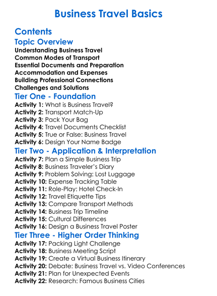 Business Travel Basics Worksheet Activity Booklet