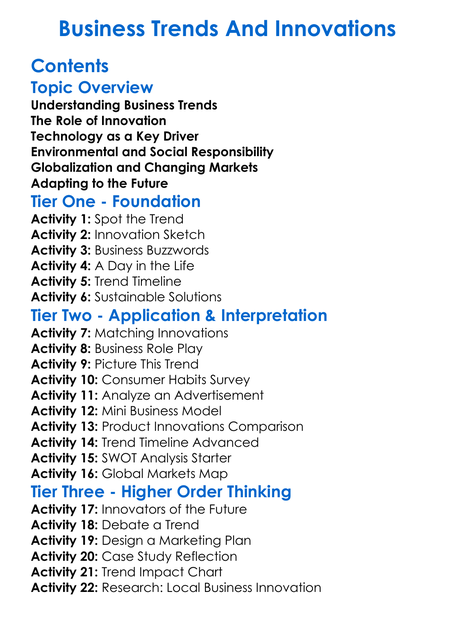 Business Trends And Innovations Worksheet Activity Booklet