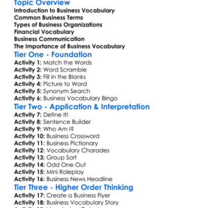 Business Vocabulary Worksheet Activity Booklet