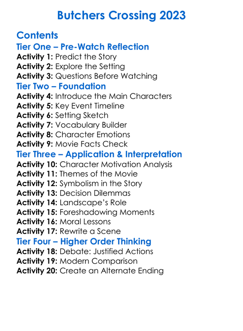 Butchers Crossing 2023 Worksheet Activity Booklet