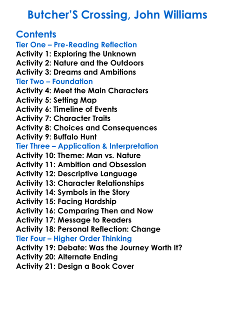 Butchers Crossing John Williams Worksheet Activity Booklet
