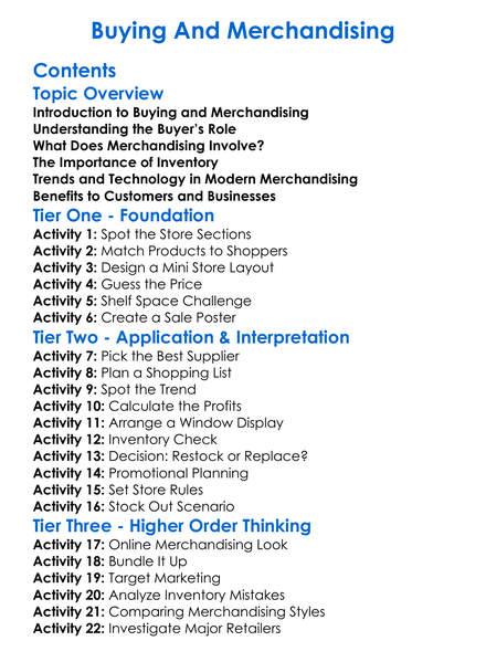 Buying And Merchandising Worksheet Activity Booklet
