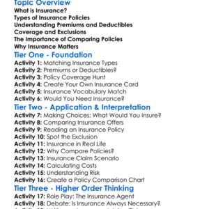 Buying Insurance What To Consider Worksheet Activity Booklet