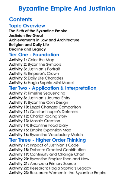 Byzantine Empire And Justinian Worksheet Activity Booklet