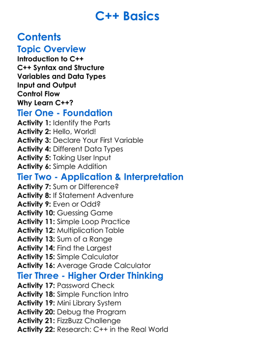 C Basics Worksheet Activity Booklet