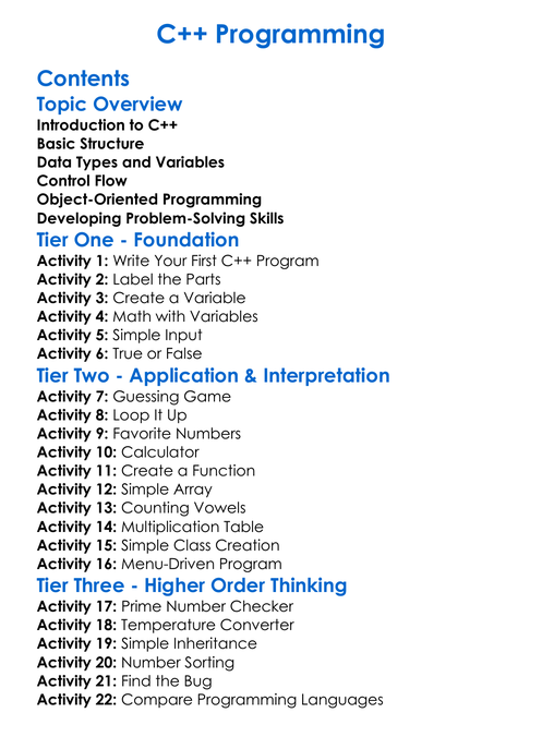 C Programming Worksheet Activity Booklet