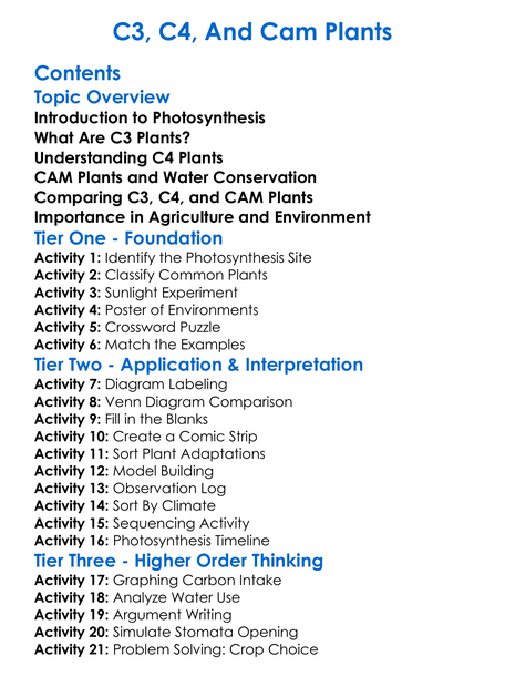 C3 C4 And Cam Plants Worksheet Activity Booklet