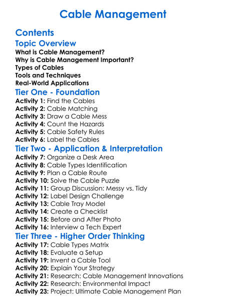 Cable Management Worksheet Activity Booklet