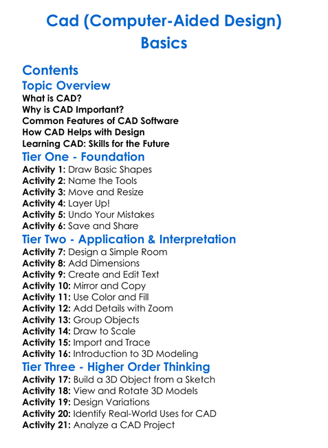 Cad Computer-Aided Design Basics Worksheet Activity Booklet