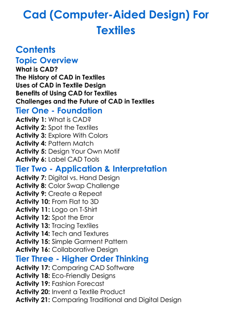Cad Computer-Aided Design For Textiles Worksheet Activity Booklet