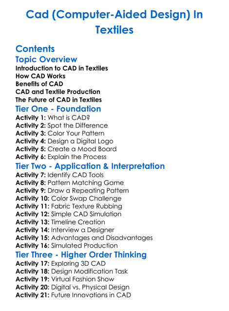 Cad Computer-Aided Design In Textiles Worksheet Activity Booklet