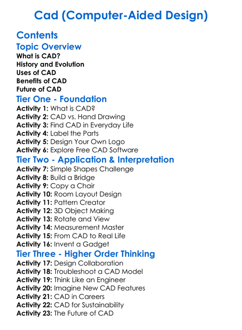 Cad Computer-Aided Design Worksheet Activity Booklet