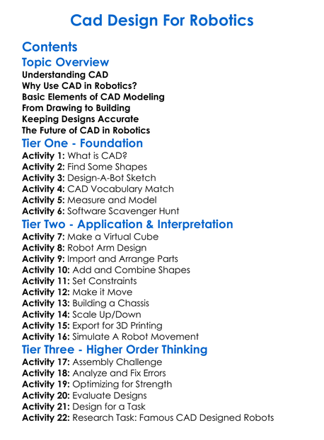 Cad Design For Robotics Worksheet Activity Booklet