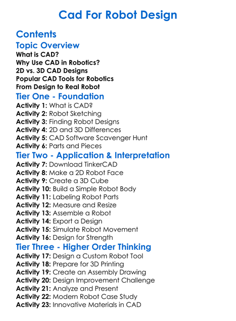 Cad For Robot Design Worksheet Activity Booklet