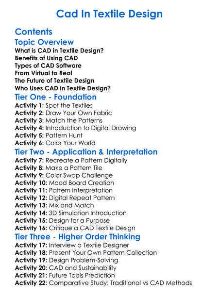 Cad In Textile Design Worksheet Activity Booklet