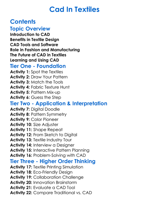 Cad In Textiles Worksheet Activity Booklet