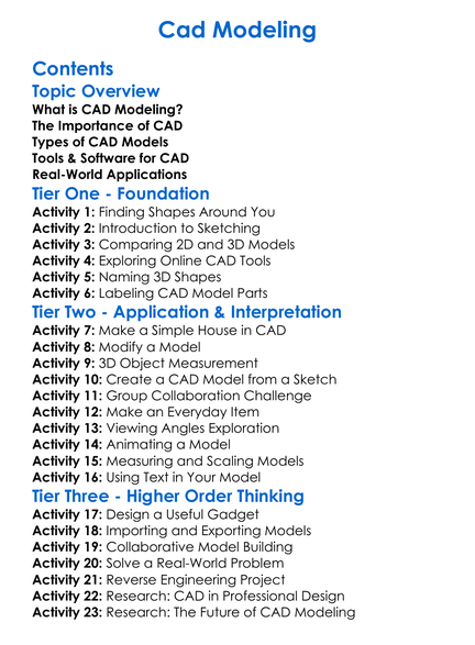 Cad Modeling Worksheet Activity Booklet