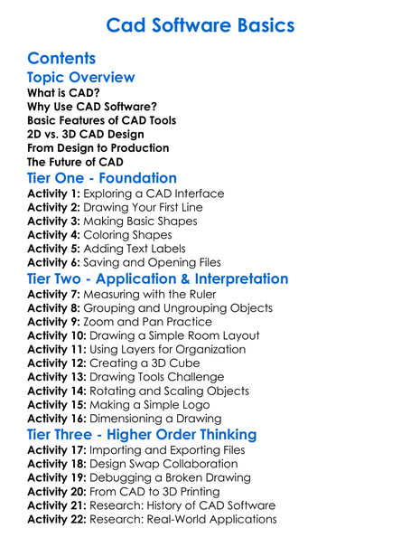 Cad Software Basics Worksheet Activity Booklet