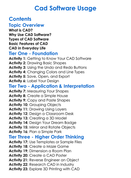 Cad Software Usage Worksheet Activity Booklet