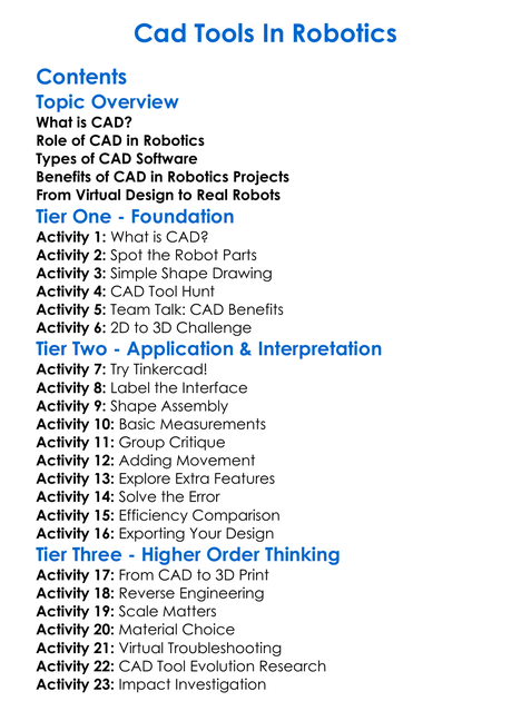 Cad Tools In Robotics Worksheet Activity Booklet