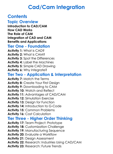 Cadcam Integration Worksheet Activity Booklet