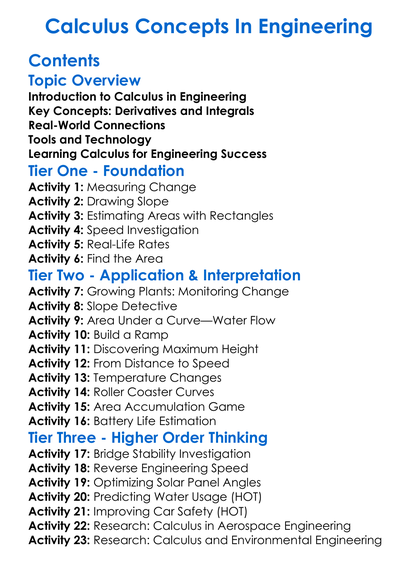 Calculus Concepts In Engineering Worksheet Activity Booklet